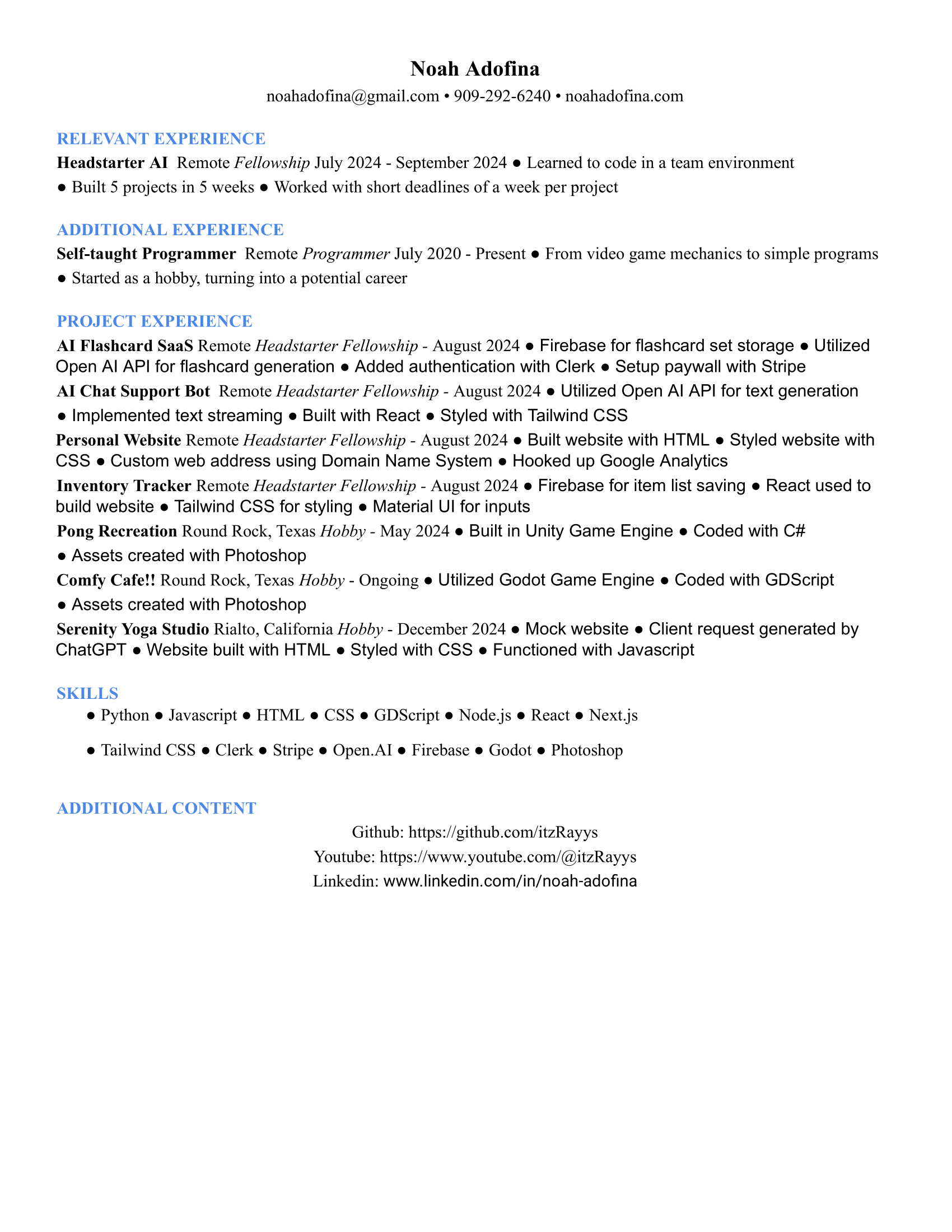 A professional resume for Noah Adofina listing software engineering experience and skills, white with blue and black text.